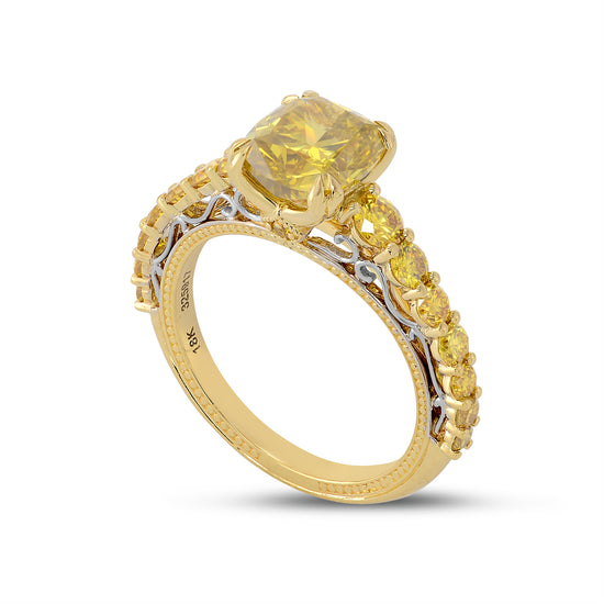 Fancy Deep Brownish Yellow Cushion Side-stone Ring