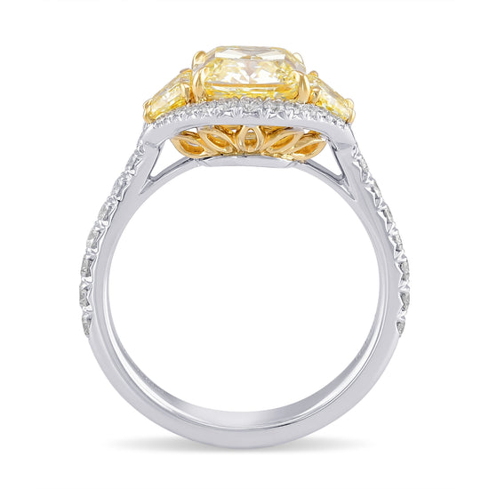 Fancy Yellow Cushion Three-stone Halo Diamond Ring
