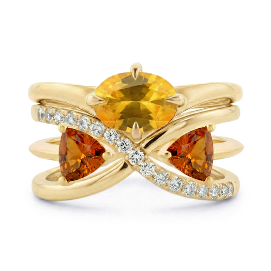 Yellow Oval Sapphire, Green and Orange Triangle Tourmaline and Diamond Crossover Rings