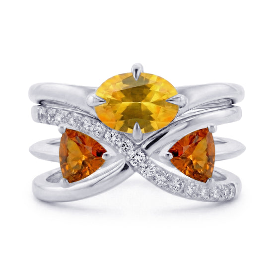 Yellow Oval Sapphire, Green and Orange Triangle Tourmaline and Diamond Crossover Rings