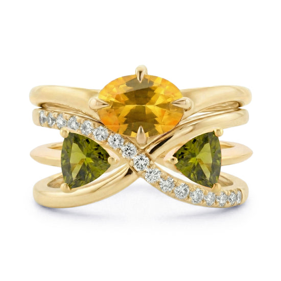 Yellow Oval Sapphire, Green and Orange Triangle Tourmaline and Diamond Crossover Rings