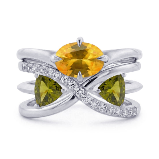 Yellow Oval Sapphire, Green and Orange Triangle Tourmaline and Diamond Crossover Rings