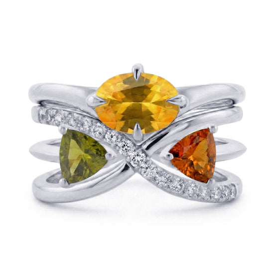 Yellow Oval Sapphire, Green and Orange Triangle Tourmaline and Diamond Crossover Rings