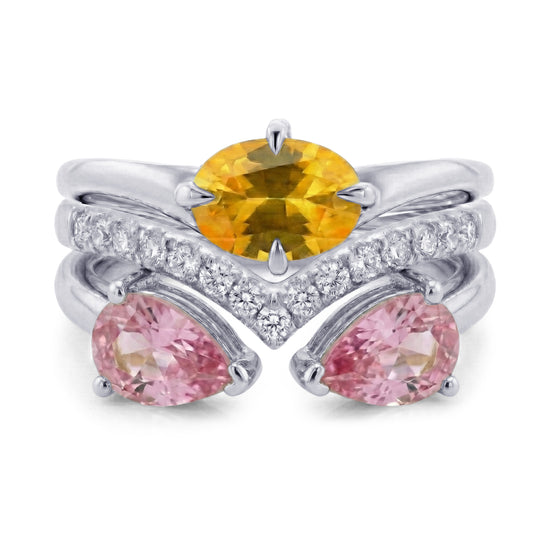 Yellow  Sapphire, Pink  Sapphire, and Diamond Trio Stack Rings