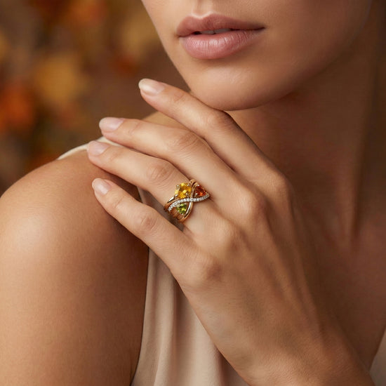 Yellow Oval Sapphire, Green and Orange Triangle Tourmaline and Diamond Crossover Rings