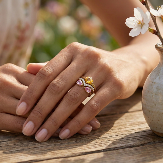 Yellow  Sapphire, Pink  Sapphire, and Diamond Trio Stack Rings