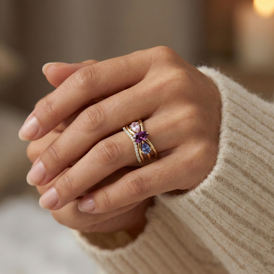 Purple Pear Tourmaline, Pink and Blue Sapphire, and Diamond Trio Stack Rings