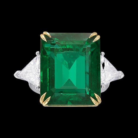 Vivid Green Octagon Emerald and Diamond Three-stone Ring