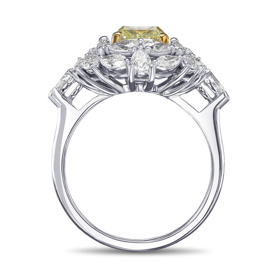 Extraordinary Fancy Green Yellow Cushion Diamond Ring