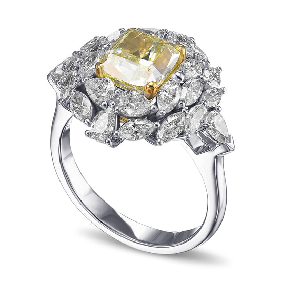 Extraordinary Fancy Green Yellow Cushion Diamond Ring