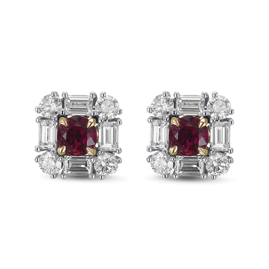 Extraordinary Round Red Ruby and Diamond Halo Stud Earrings