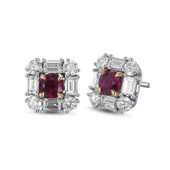 Extraordinary Round Red Ruby and Diamond Halo Stud Earrings