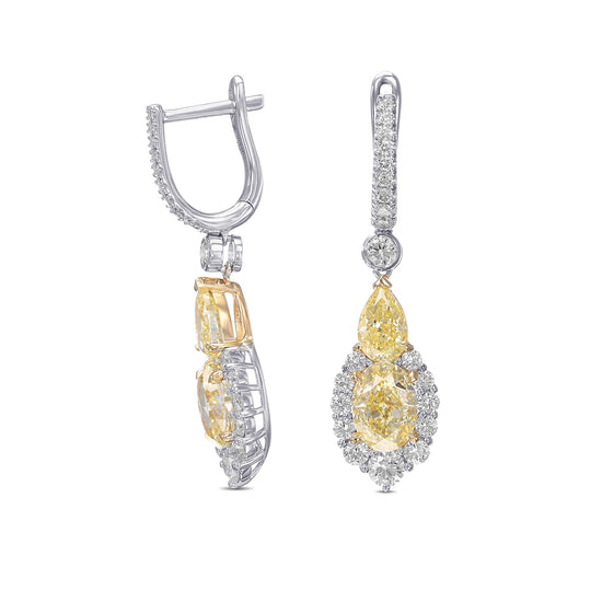 Extraordinary Fancy Light Yellow Diamond Halo Drop Earrings