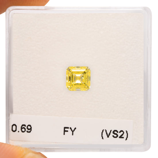 0.69 Carat Fancy Intense Yellow Asscher Diamond VVS2 GIA