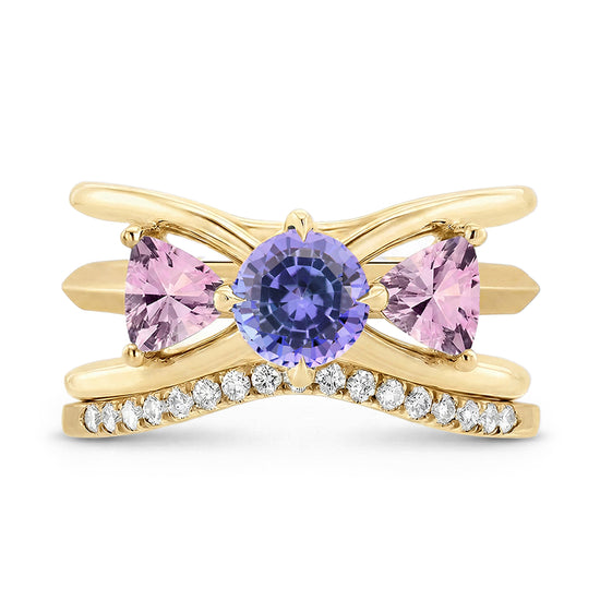 Drei stapelbare Ringe mit rosa Spinell, blaugrünem Saphir und Diamanten