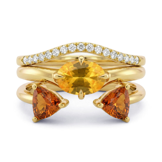 Gelber ovaler Saphir, oranger Dreiecks-Turmalin und Diamant-Trio-Ringe
