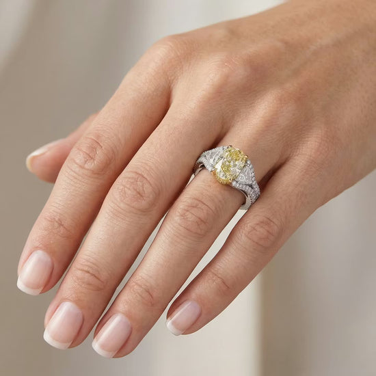 Light Yellow Oval 3 Stone Diamond Ring