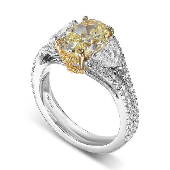 Light Yellow Oval Three Stone Diamond Ring