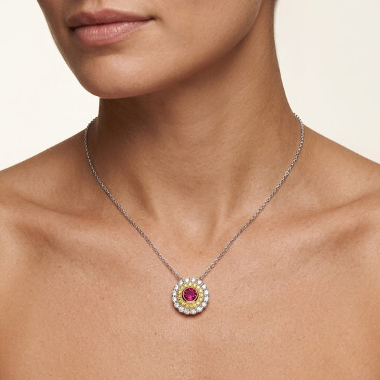 Anhänger mit Rubin, Fancy Vivid Yellow Diamant und doppeltem Halo