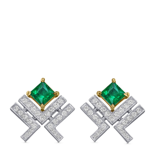Princess Green Emerald Leibish Logo Pave Earrings