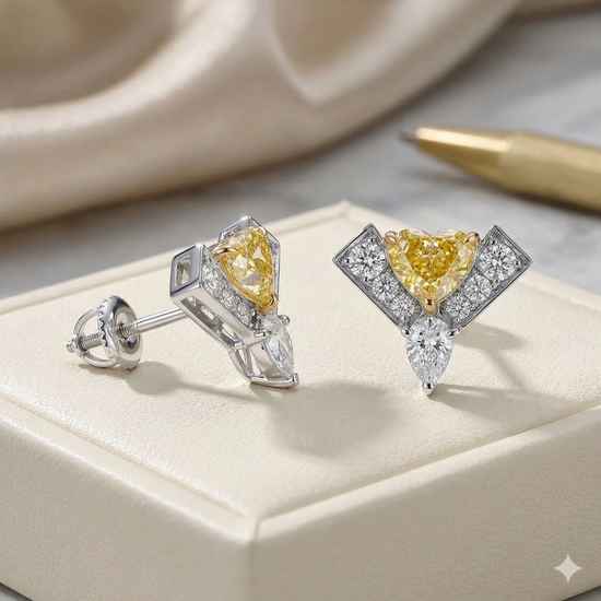 Fancy Intense Yellow Heart and White Diamond Leibish Logo Pave Earrings