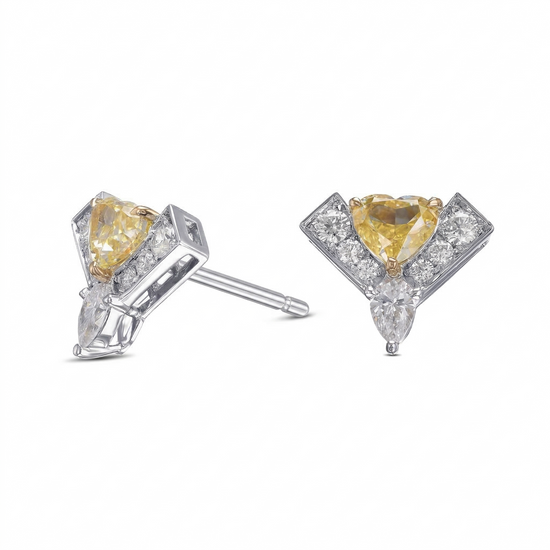 Fancy Intense Yellow Heart and White Diamond Leibish Logo Pave Earrings