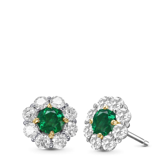 Round Emerald and Diamond Halo Earrings