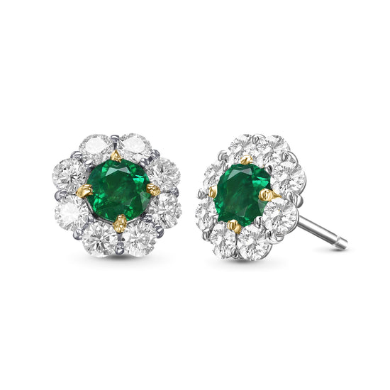 Round Emerald and Diamond Halo Earrings