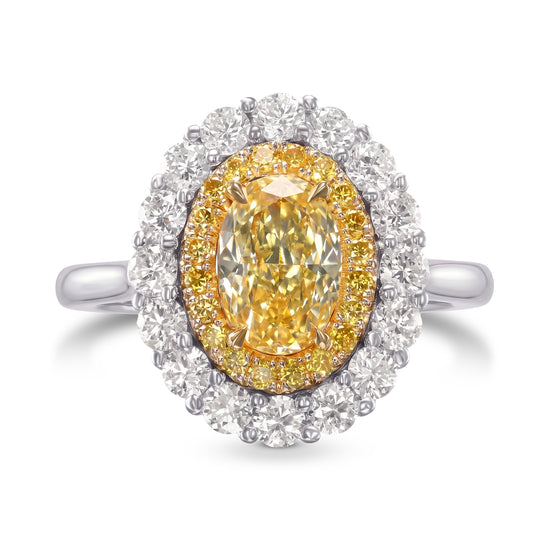 Ausgefallener intensiver gelber, ovaler Double-Halo-Diamantring