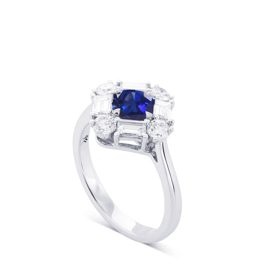 Round Blue Sapphire and Diamond Halo Ring