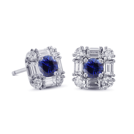 Blue Round Sapphire & Diamond Halo Stud Earrings
