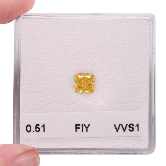 0.51 Carat Fancy Intense Yellow Cushion Diamond VVS1 GIA