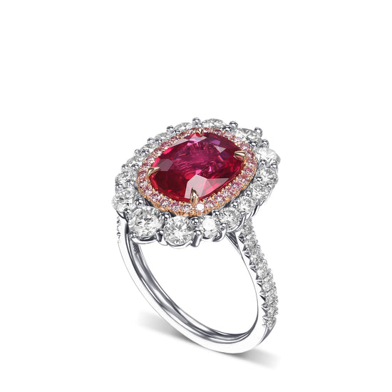 Cushion Mozambique Ruby and Diamond Double Halo Ring
