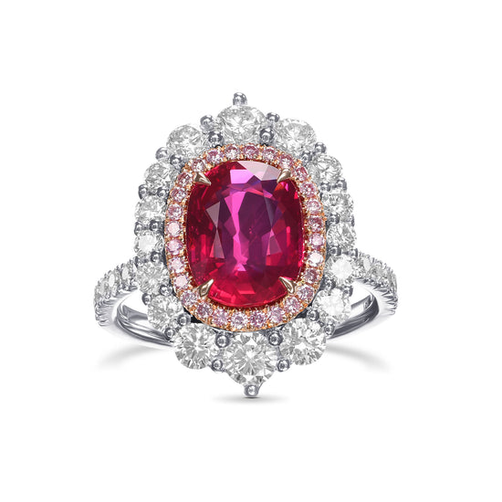 Cushion Mozambique Ruby and Diamond Double Halo Ring