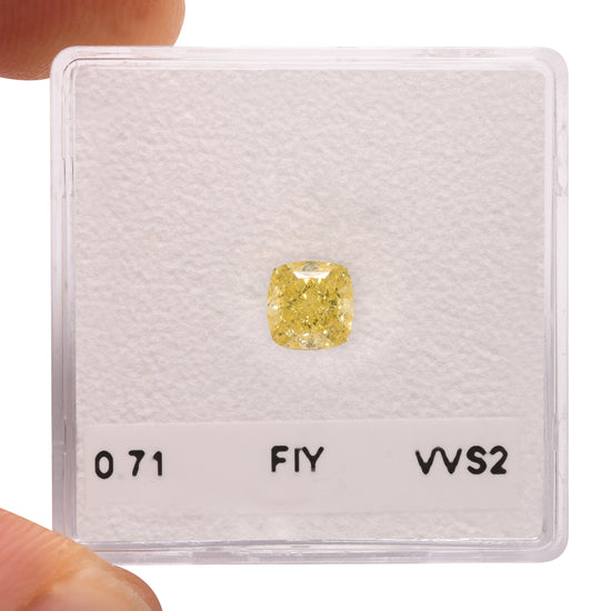 0.71 Carat Fancy Intense Yellow Cushion Diamond VVS2 GIA