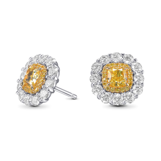 Fancy Intense Yellow Cushion Double Halo Diamond Earrings