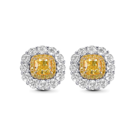 Ohrringe mit Diamanten im Double Halo, Kissen-Schliff, Fancy Intense Yellow