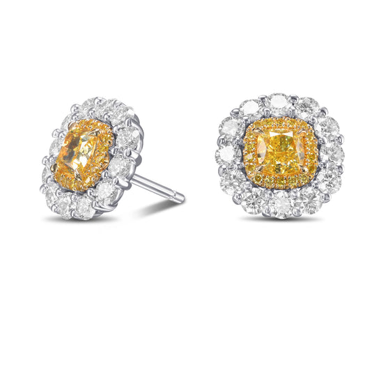 Fancy Intense Yellow Cushion Double Halo Diamond Earrings