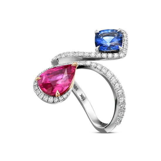 Ruby, Blue Sapphire and Diamond Two-stone Crossover Ring