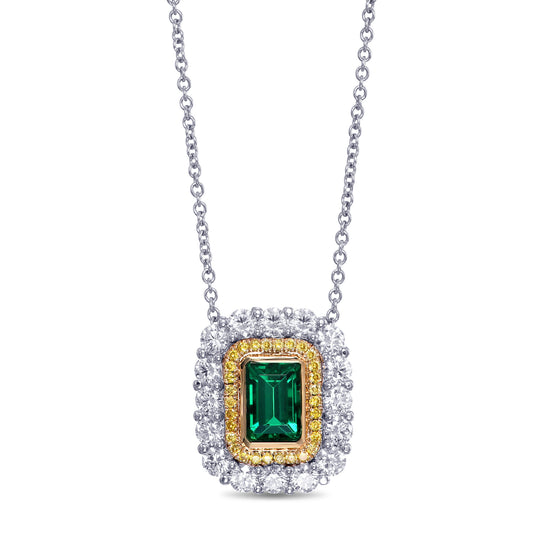 Green Emerald and Diamond Double Halo Pendant