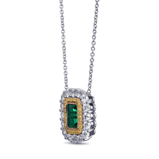 Green Emerald and Diamond Double Halo Pendant