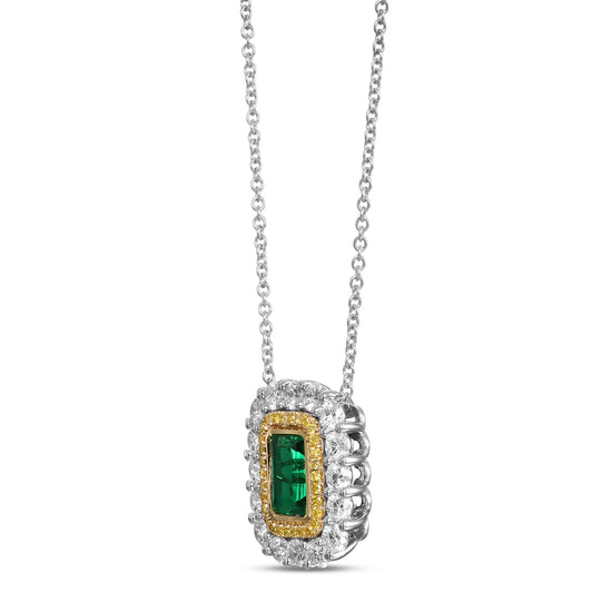 Green Emerald and Diamond Double Halo Pendant