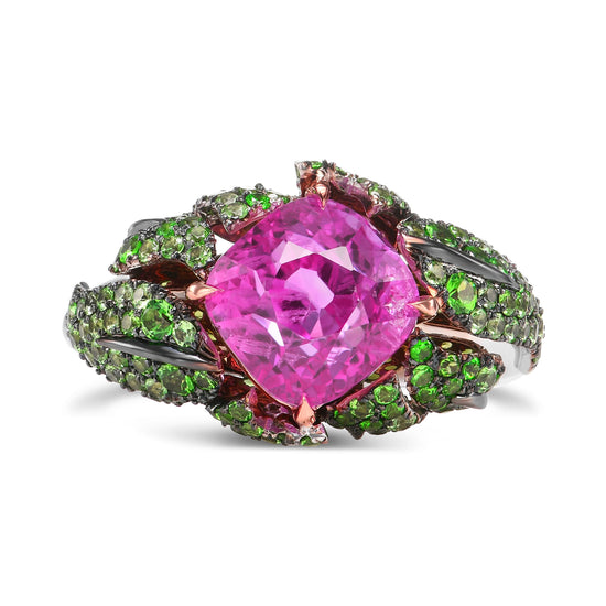 Mogok Vivid Pink Sapphire and Green Tsavorite Bombe Ring