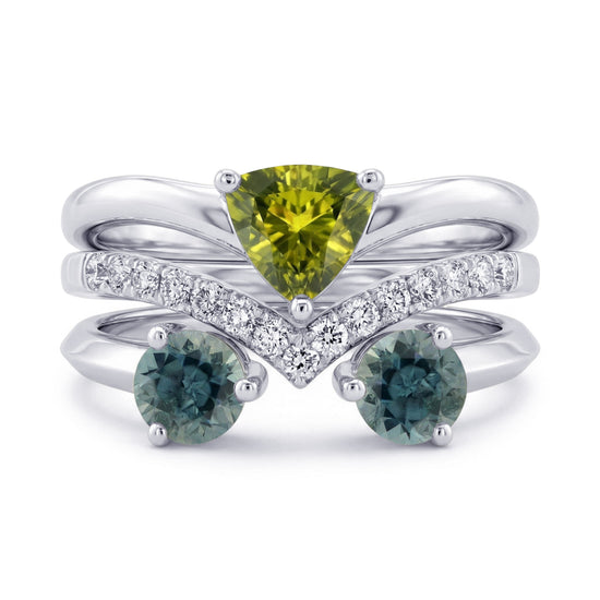 Yellow Oval Sapphire, Olive Green Trillion Tourmaline, and Diamond Trio Stack Rings