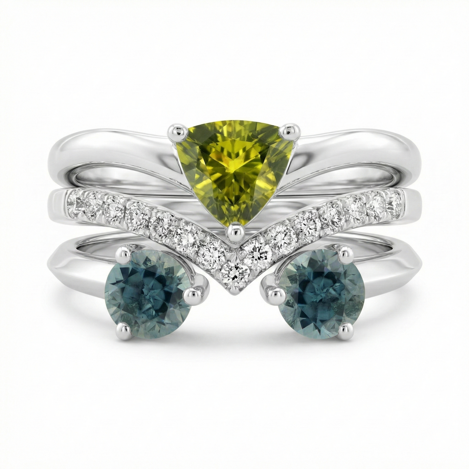 Yellow Oval Sapphire, Olive Green Trillion Tourmaline, and Diamond Trio Stack Ring