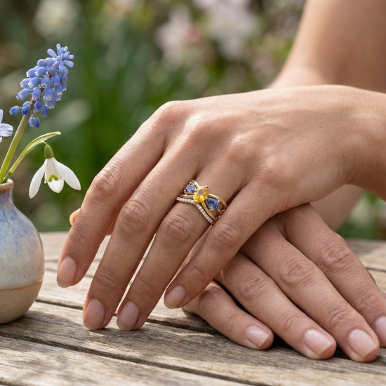 Yellow Sapphire,Blue Sapphire and Diamond Crossover Trio Stack Rings
