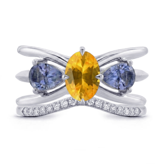 Yellow Sapphire,Blue Sapphire and Diamond Crossover Trio Stack Rings