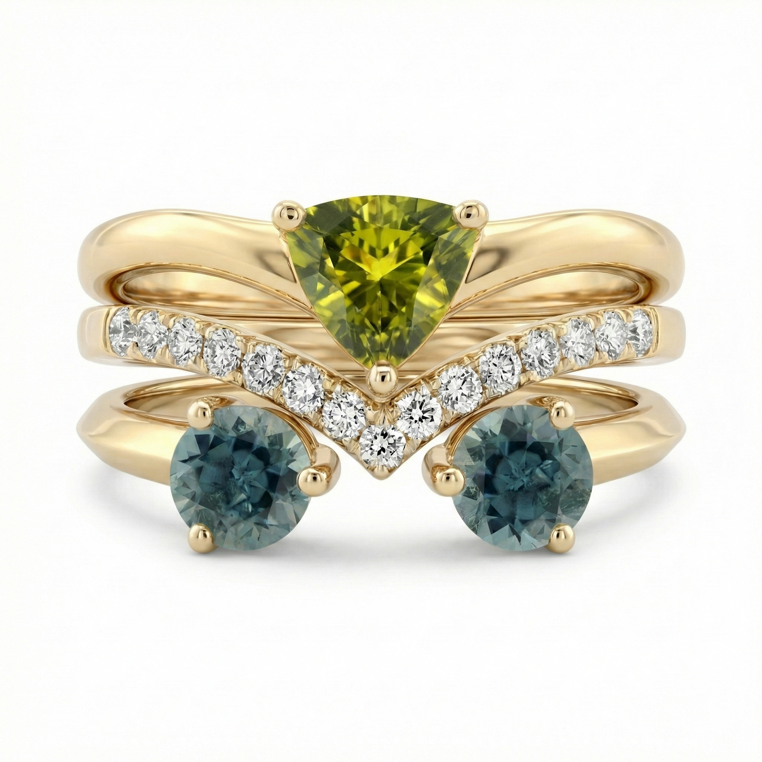 Yellow Oval Sapphire, Olive Green Trillion Tourmaline, and Diamond Trio Stack Ring