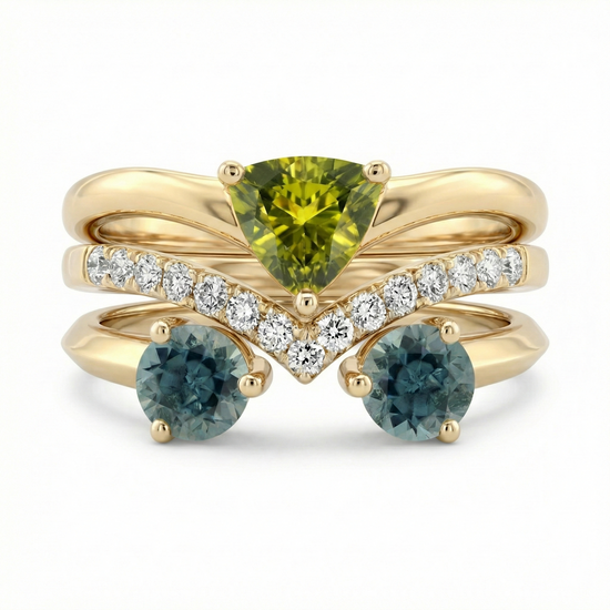 Yellow Oval Sapphire, Olive Green Trillion Tourmaline, and Diamond Trio Stack Ring