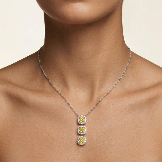 Fancy Intense Yellow Cushion 3 Stone Diamond Drop Halo Pendant